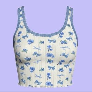 100% Cotton Blue Floral & Lace Crop Tank Top